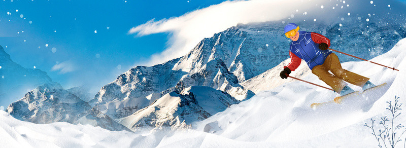 雪天树挂背景图片_滑雪极限挑战装备促销背景