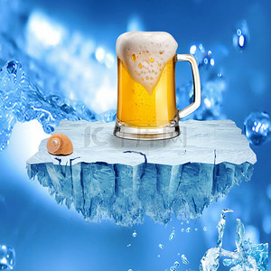 啤酒广告背景背景图片_酷爽啤酒冰块炫酷蓝色漂浮广告背景