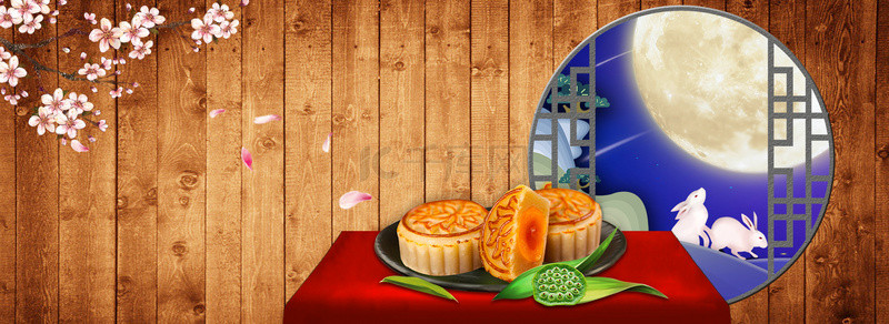促销月饼背景图片_中秋节月饼满月兔子木板海报背景