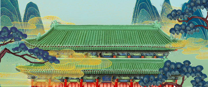 中国风国潮复古古建筑山水风海报