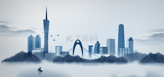 建筑地标背景图片_水墨广州印象地标宣传背景