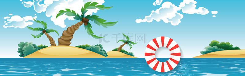 蓝色海水卡通背景图片_夏季海滩蓝色卡通banner