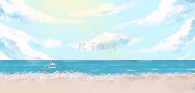 海边游泳背景图片_夏天卡通蓝色手绘