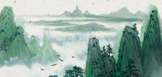 中国风青山绿水背景图片_古风山水水墨绿色中国风