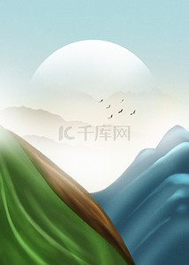 韩国传统背景图片_蓝色和绿色山脉韩国传统背景