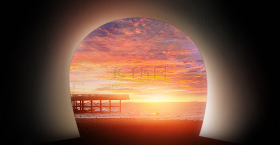 海边码头背景图片_简约唯美海边隧道夕阳背景