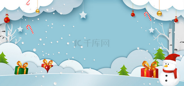 圣诞雪人海报背景图片_蓝色简约剪纸风圣诞节快乐海报背景