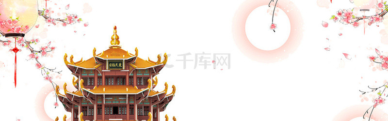 中国风古风建筑背景图片_古风古建筑树枝红白中国风banner