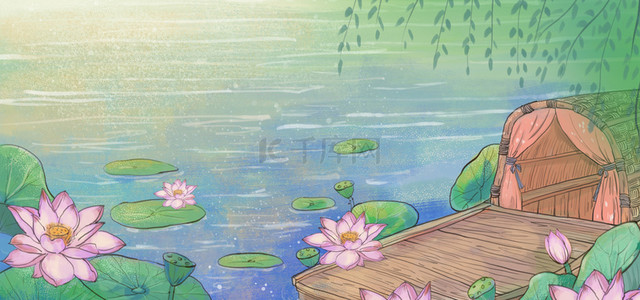夏天湖边背景图片_古风中国风绿色春天湖边荷花船只海报背景