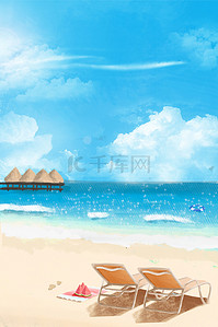 简约海边背景图片_夏天卡通蓝色简约海边沙滩