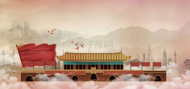 建筑创意合成背景图片_中秋国庆手绘复古创意背景合成