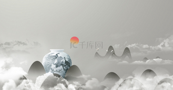 古风花瓶背景图片_简约中国风创意飘渺背景合成