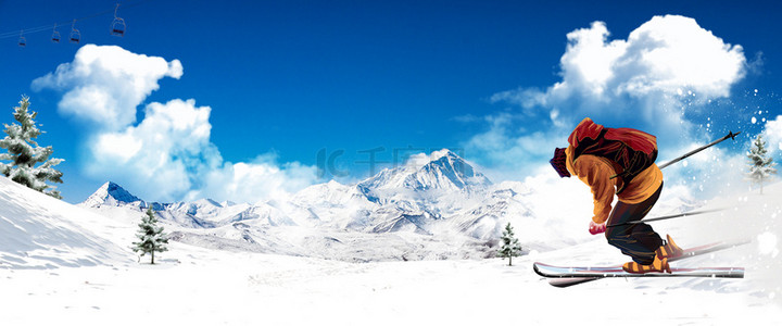雪天树挂背景图片_简约冬季滑雪创意背景合成