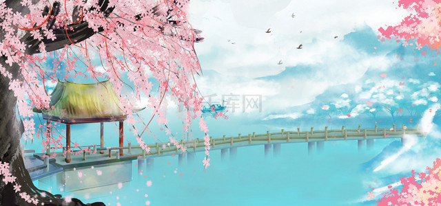 空空的树干背景图片_清新蓝色古风山水廊桥