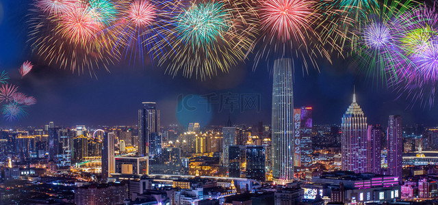 夜景烟花背景图片_烟花城市建筑合成夜景