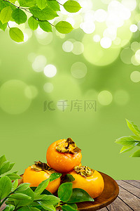 带露水的柿子背景图片_清新八月水果柿子美食柿子采摘