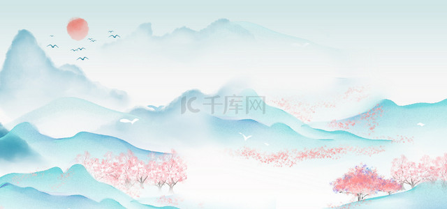 中国水墨意境背景图片_中国风古风山水蓝色中国风