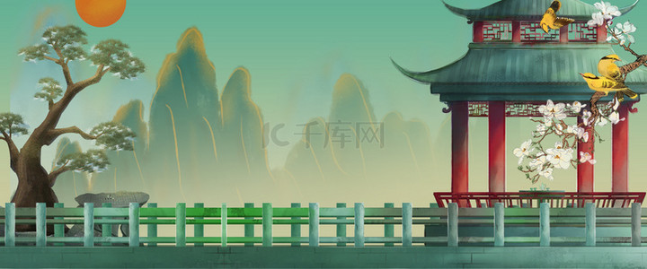 中国风松树背景图片_中国风古典山水亭子意境复海报