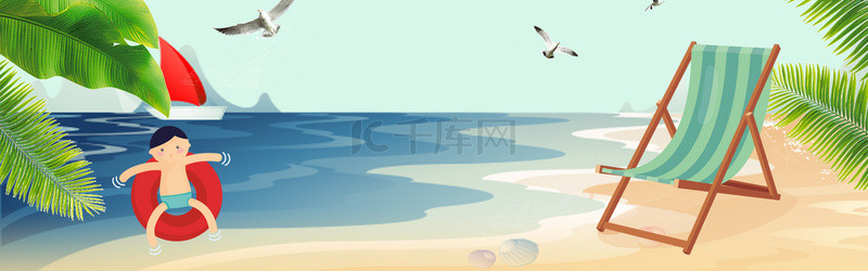 玩泥巴的小孩背景图片_夏季海滩小孩蓝色卡通banner