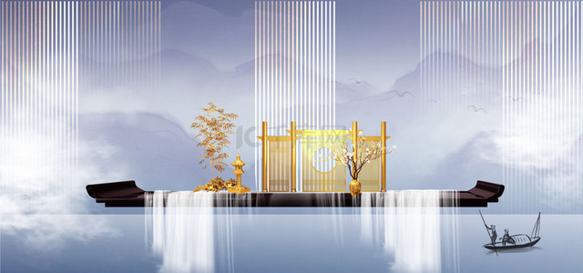 高端中式背景背景图片_水墨新式中国风房地产背景