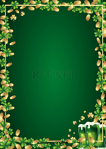 绿色背景啤酒背景图片_三维金币圣帕特里克深绿色边框背景