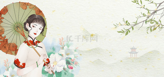 中国风古典美女背景图片_复古女神节女王节背景
