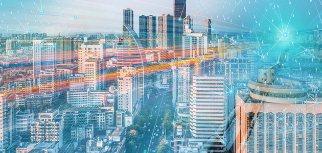 智能科技城市炫光背景图片_城市科技城市简约科技炫彩线条光束城市风景