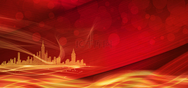 建筑红背景图片_红金商务建筑几何光效背景