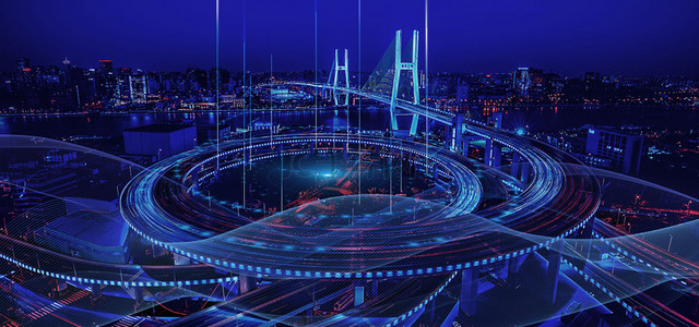 城市建筑蓝色简约科技背景图片_城市科技大桥蓝色科技背景