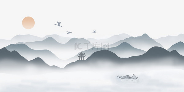 古典元素中国风背景图片_古典日出山水灰色中国风banner