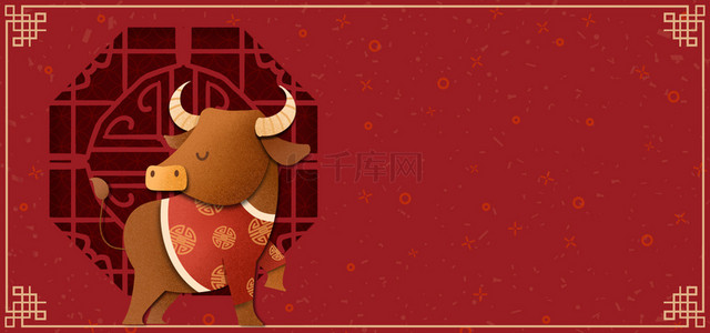 年初一拜年背景图片_新年牛红色中式