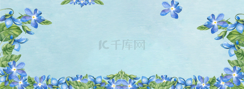叶子蓝色背景图片_手绘蓝色花卉小清新banner海报背景