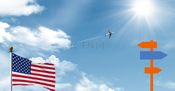 飞机蓝天白云背景图片_出国留学大气简约学习蓝天白云背景