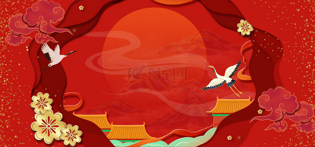中国风庭院背景背景图片_红色中国风剪纸微立体