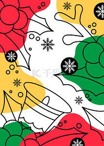 圣诞线稿背景图片_可爱铃铛冬青鹿角圣诞线稿色块背景
