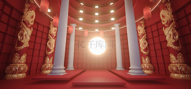 红色c4d背景图片_中国风灯笼柱子金红色c4d