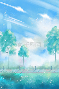 草丛风景背景图片_水彩风景夏日夏季蓝天白云广告背景