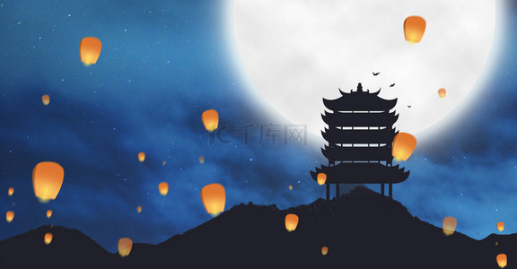 古建筑合成背景图片_简约中式中秋佳节圆月背景