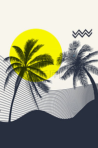 线条沙滩背景图片_简约夏天沙滩椰子树背景海报