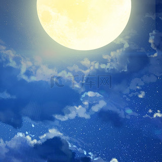 仲夏夜之梦夜景月圆之夜手绘天空广告背景