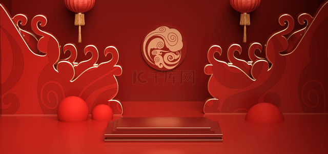 红色舞台电商背景图片_喜庆风格春节室内舞台电商banner