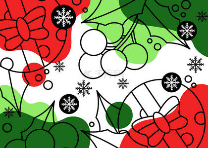 圣诞线稿背景图片_浓郁礼盒冬青圣诞线稿色块背景