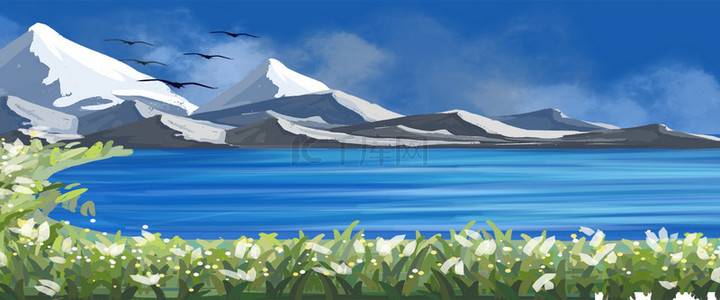 旅游海报蓝色背景图片_湖边看雪山户外旅游海报背景宣传