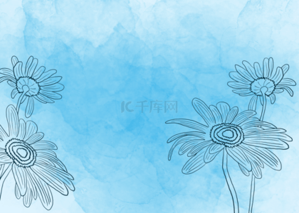 蓝色水彩花卉背景图片_婚礼蓝色水彩晕染线稿花卉