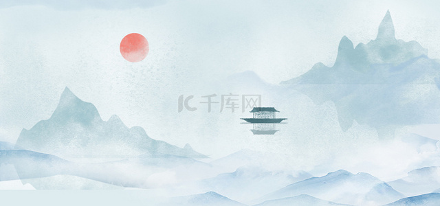 中国风水墨画冬至背景图片_古风山水远山蓝色中国风