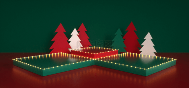 绿色圣诞树背景图片_3d立体方形灯光展台背景