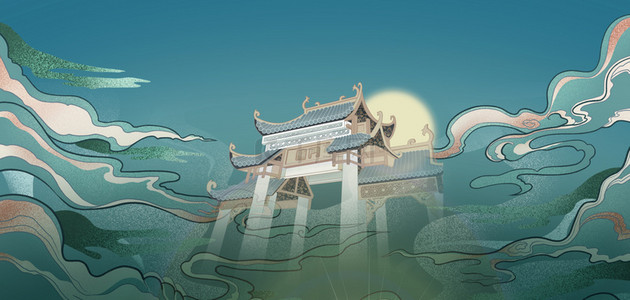 中国风古建筑绿色国潮