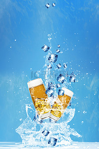 蓝色清新冰块清凉啤酒背景
