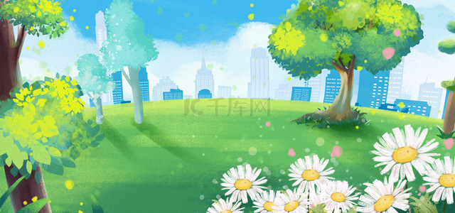 绿色城市环保背景背景图片_春天植物郊外春季公园城市背景图