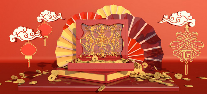 鼠年新春中国风背景图片_C4D新年中国风电商海报